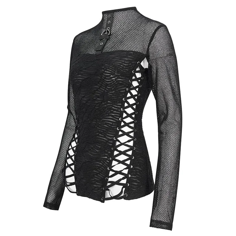 Damen-Punk-Hemd mit Riemchen und Splice-Rüschen aus Netzstoff