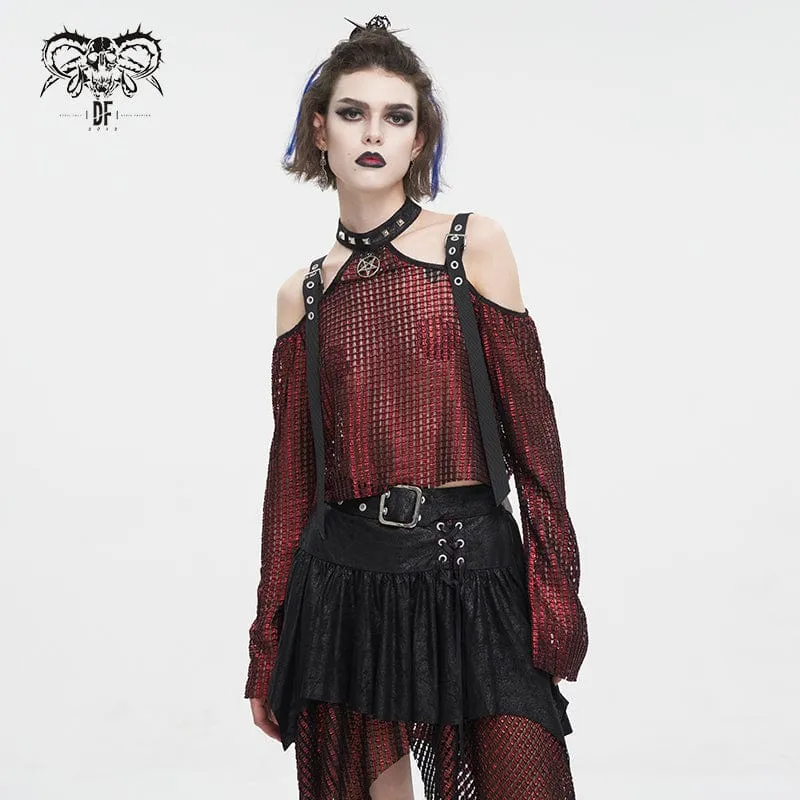 Schulterfreies, transparentes Crop-Top für Damen im Gothic-Stil mit schulterfreier Schnalle in Rot