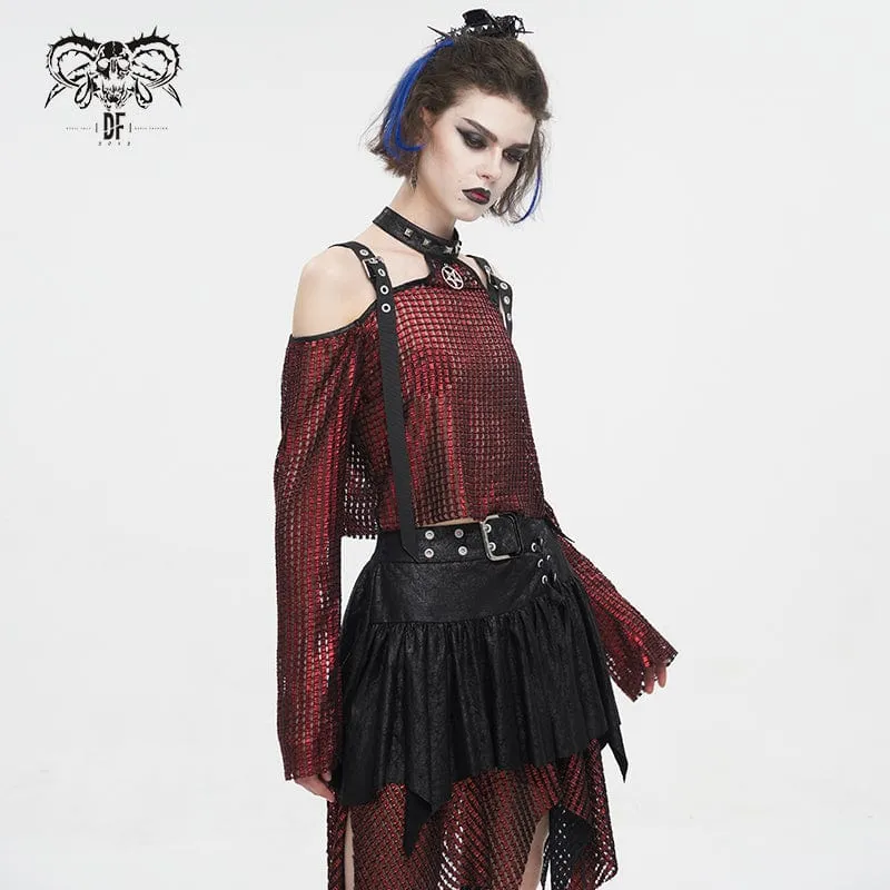 Schulterfreies, transparentes Crop-Top für Damen im Gothic-Stil mit schulterfreier Schnalle in Rot