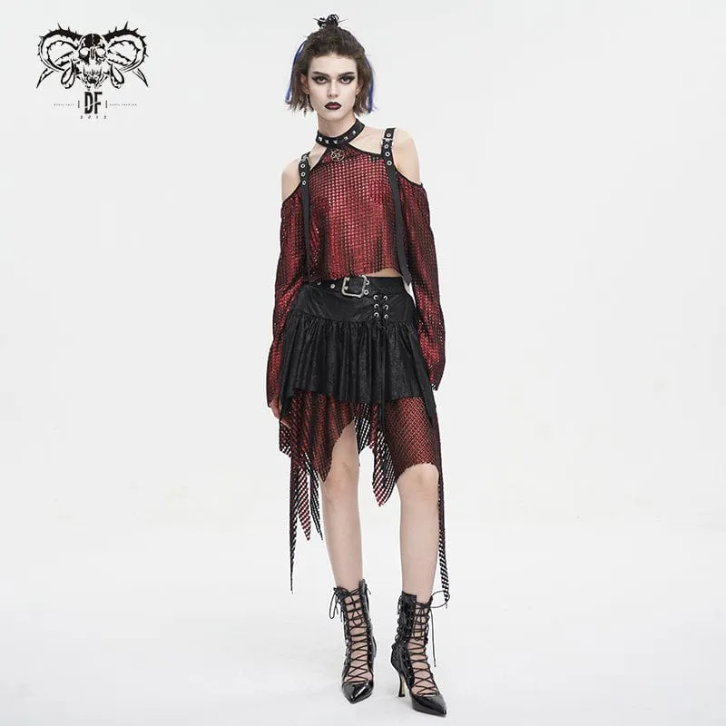 Schulterfreies, transparentes Crop-Top für Damen im Gothic-Stil mit schulterfreier Schnalle in Rot