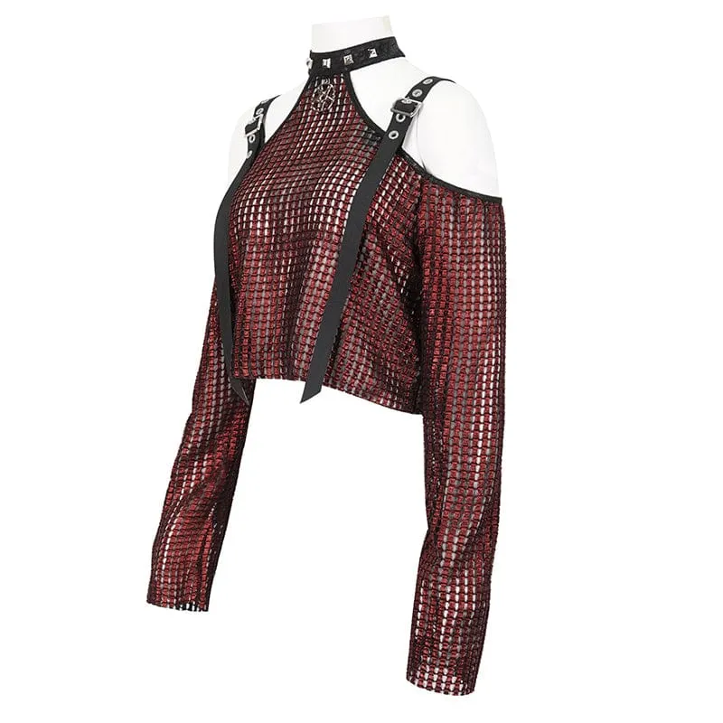 Schulterfreies, transparentes Crop-Top für Damen im Gothic-Stil mit schulterfreier Schnalle in Rot