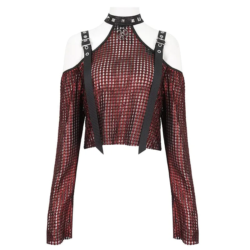 Schulterfreies, transparentes Crop-Top für Damen im Gothic-Stil mit schulterfreier Schnalle in Rot