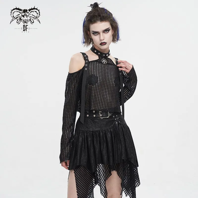 Damen Punk Off Shoulder Buckle Sheer Crop Top Schwarz