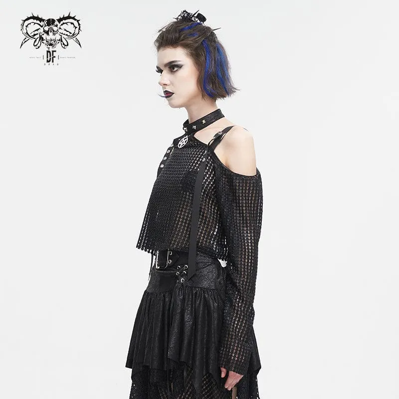 Damen Punk Off Shoulder Buckle Sheer Crop Top Schwarz