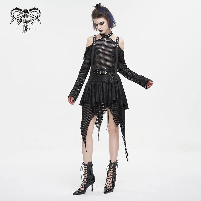 Damen Punk Off Shoulder Buckle Sheer Crop Top Schwarz
