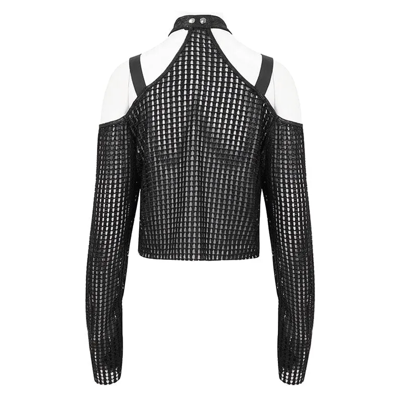 Damen Punk Off Shoulder Buckle Sheer Crop Top Schwarz