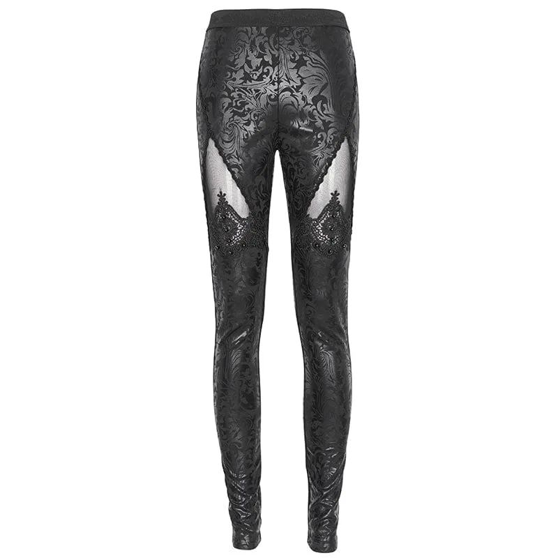 Damen-Gothic-Leggings mit Blumenstickerei und Mesh-Spleiß
