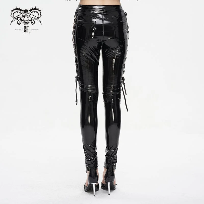 Damen-Lacklederhose mit Punk-Ausschnitt und Schnürung