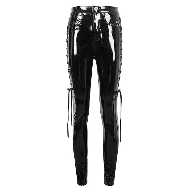 Damen-Lacklederhose mit Punk-Ausschnitt und Schnürung