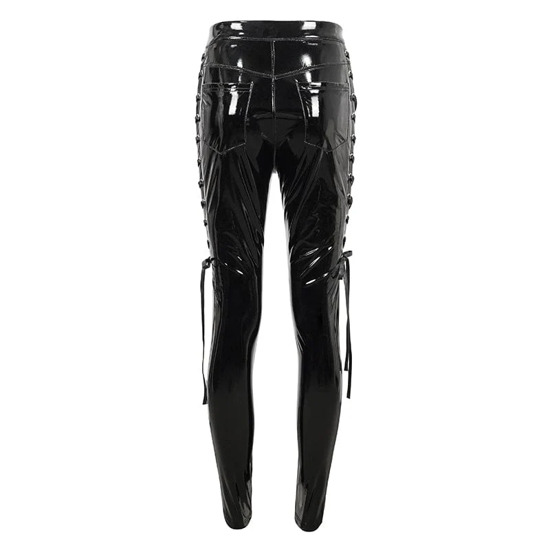 Damen-Lacklederhose mit Punk-Ausschnitt und Schnürung