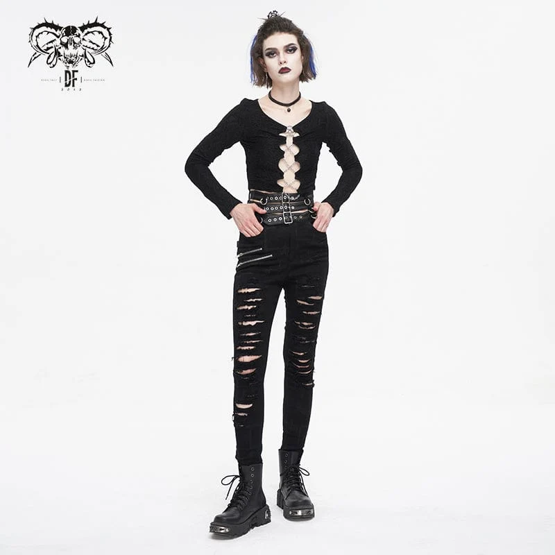 Damen-Punk-Hose mit hoher Taille und zerrissener Schnalle