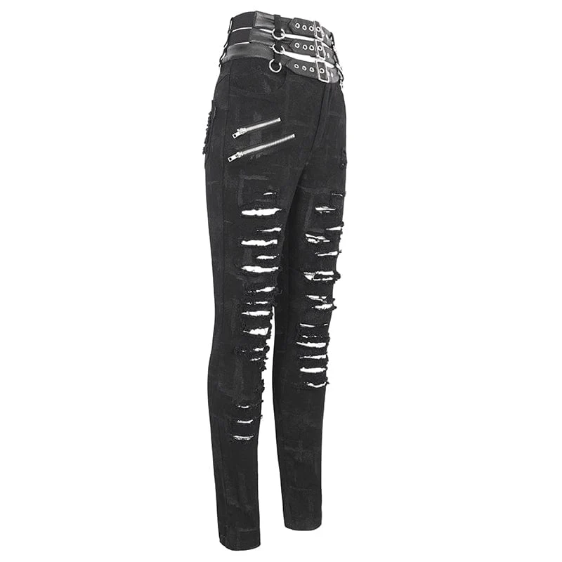 Damen-Punk-Hose mit hoher Taille und zerrissener Schnalle