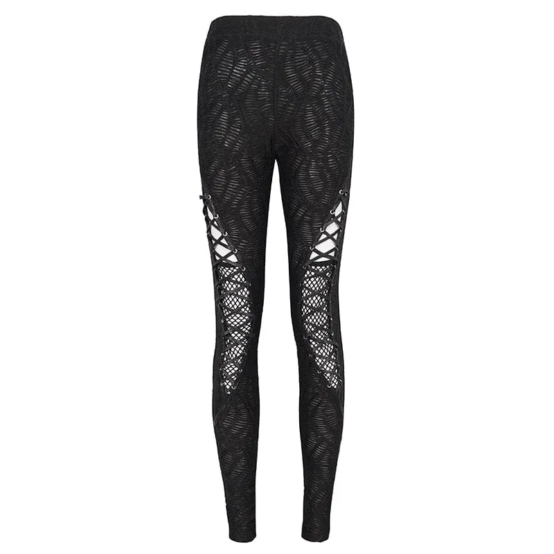 Damen-Leggings mit Punk-Riemchen und gespleißtem Netzstoff und Rüschen