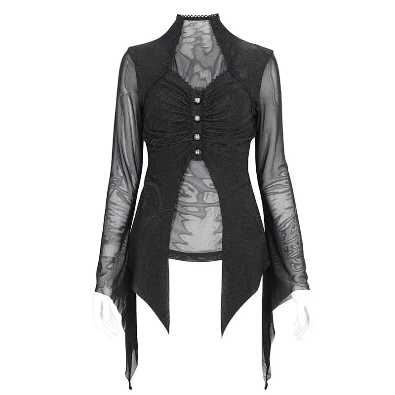 Damen-Langarmshirt aus Gothic-Jacquard-Mesh mit Rüschen