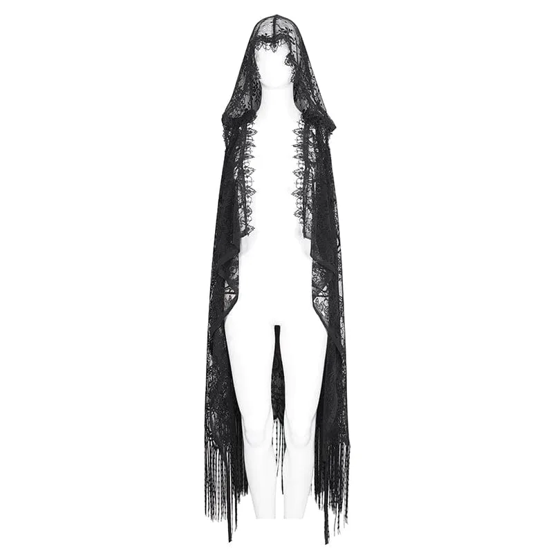 Damen-Cape im Gothic-Stil, Spitze, Netzstoff, hinten, geblümt, gehäkelt, mit Kapuze