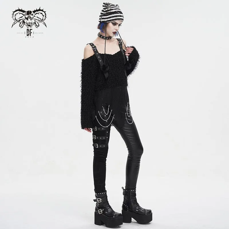 Unregelmäßiger, schulterfreier, flauschiger Punk-Pullover für Damen