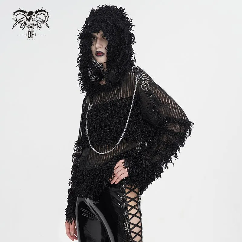 Transparenter Punk-Pullover für Damen im Distressed-Look mit Kapuze und Kette