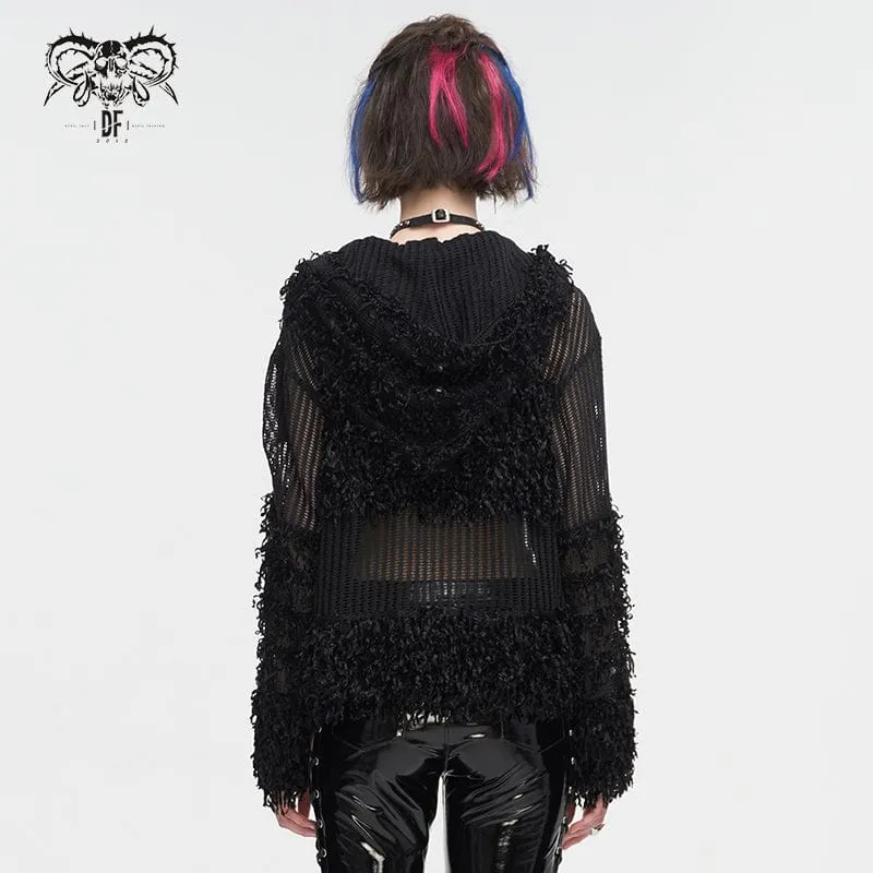 Transparenter Punk-Pullover für Damen im Distressed-Look mit Kapuze und Kette