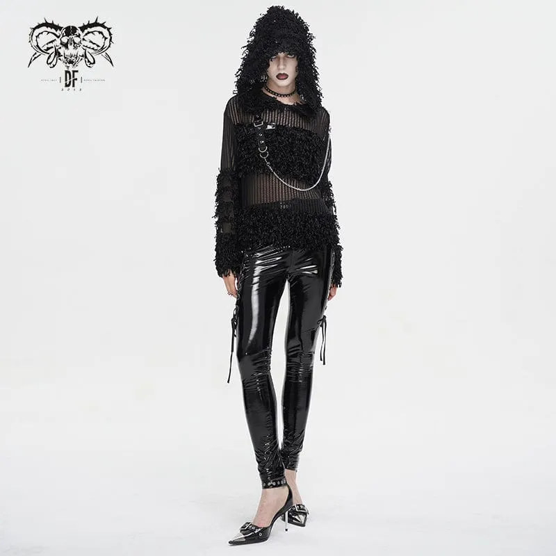 Transparenter Punk-Pullover für Damen im Distressed-Look mit Kapuze und Kette