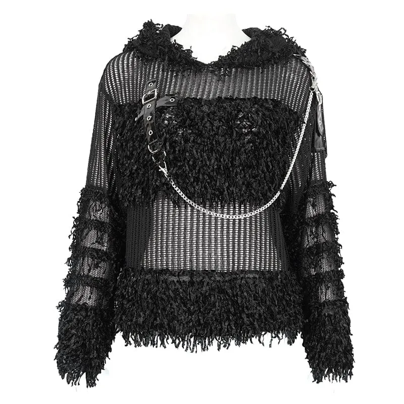 Transparenter Punk-Pullover für Damen im Distressed-Look mit Kapuze und Kette