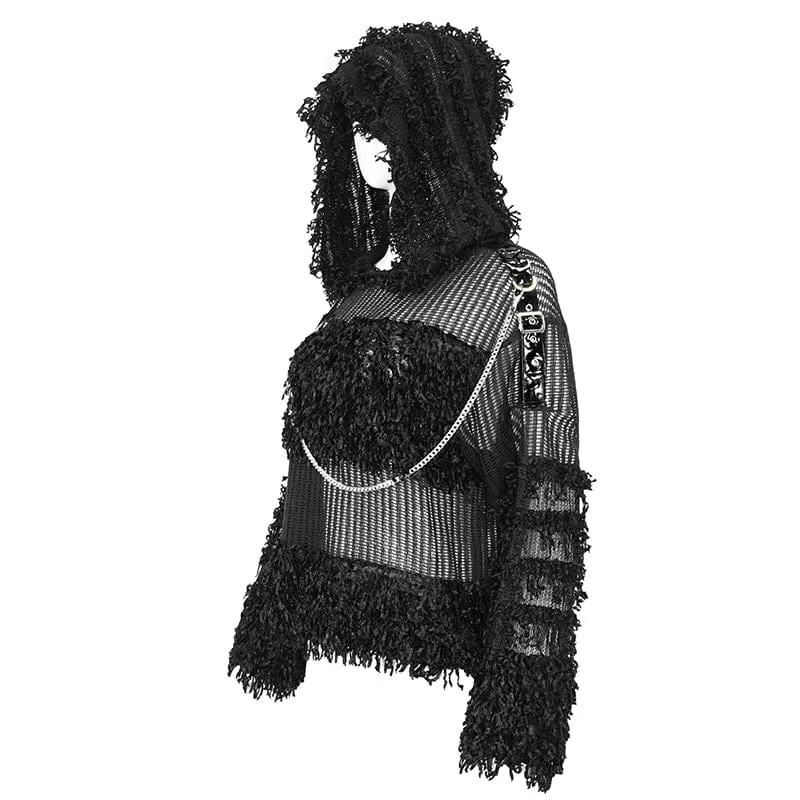 Transparenter Punk-Pullover für Damen im Distressed-Look mit Kapuze und Kette