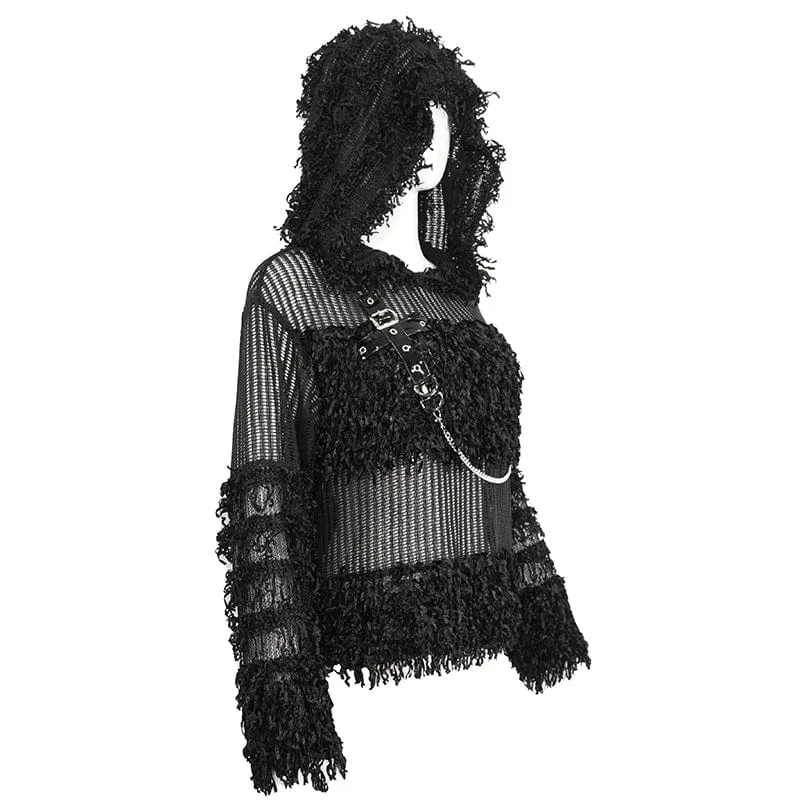 Transparenter Punk-Pullover für Damen im Distressed-Look mit Kapuze und Kette