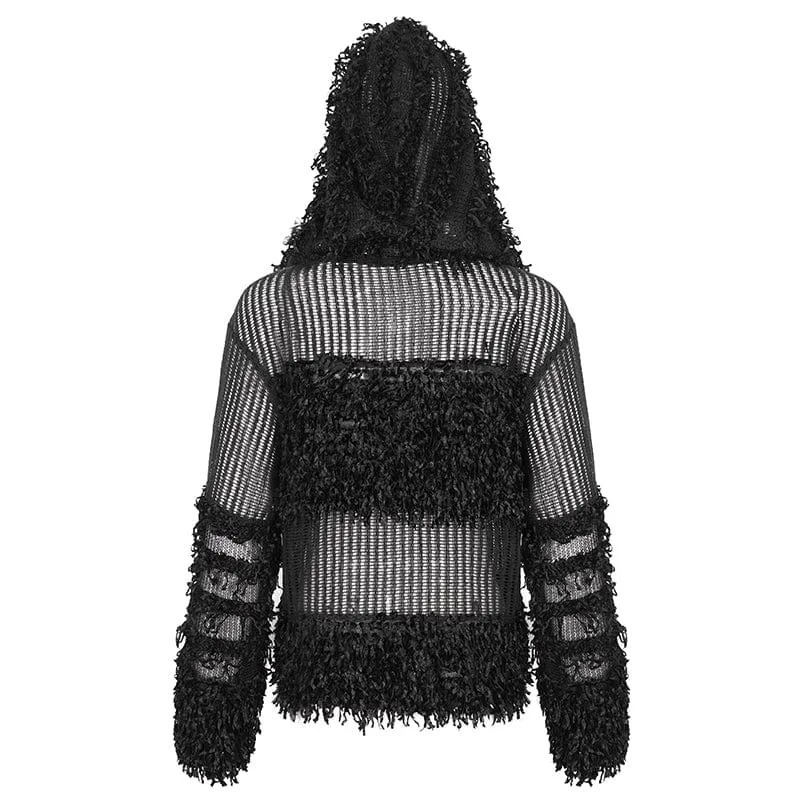 Transparenter Punk-Pullover für Damen im Distressed-Look mit Kapuze und Kette