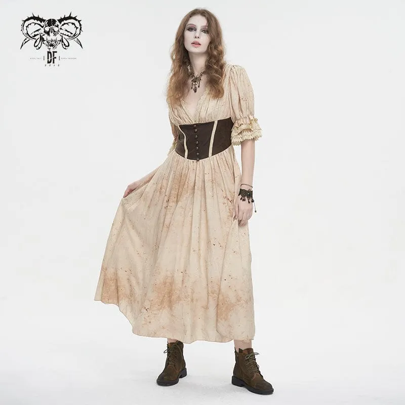 Damen-Gothic-Kleid mit tiefem Ausschnitt und Puffärmeln und Spitzensaum