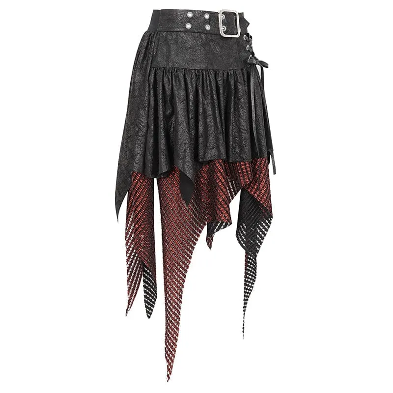 Damen Gothic-Rock mit unregelmäßiger Mesh-Splice-Schnalle, Rot