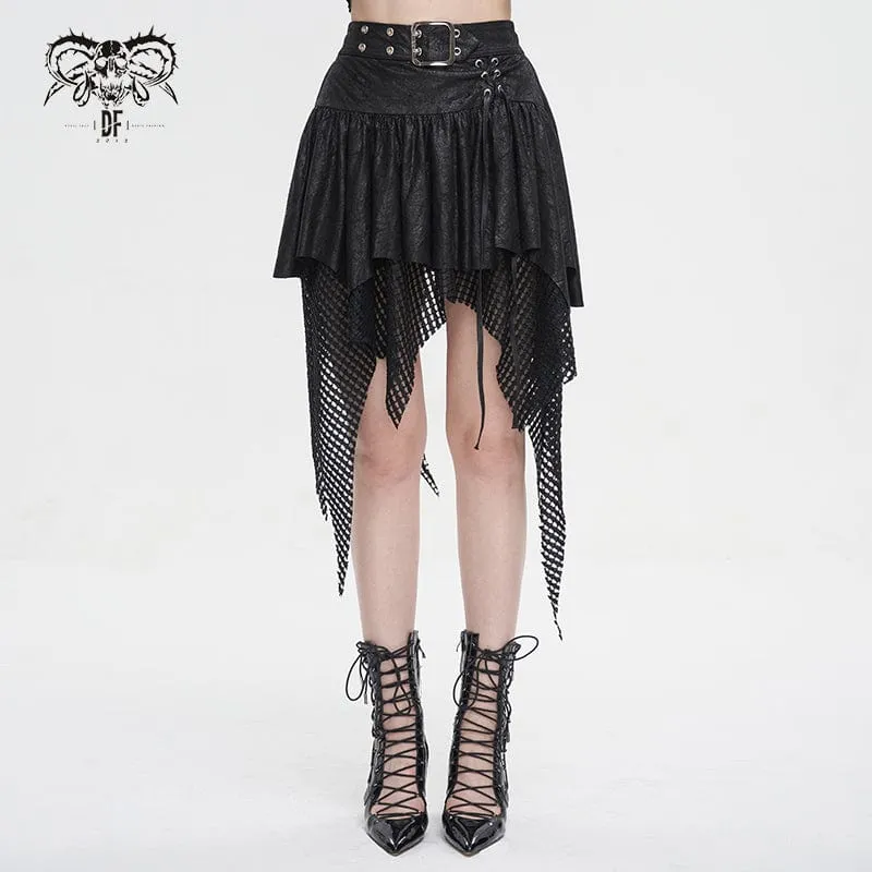 Gothic-Rock für Damen mit unregelmäßigem Mesh-Splice-Schnallenmuster, Schwarz