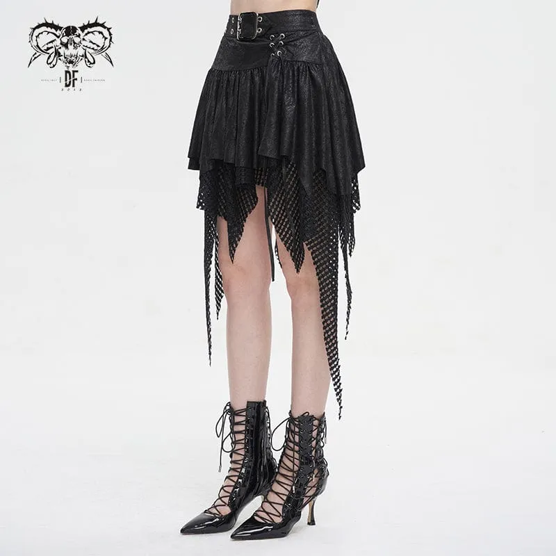 Gothic-Rock für Damen mit unregelmäßigem Mesh-Splice-Schnallenmuster, Schwarz