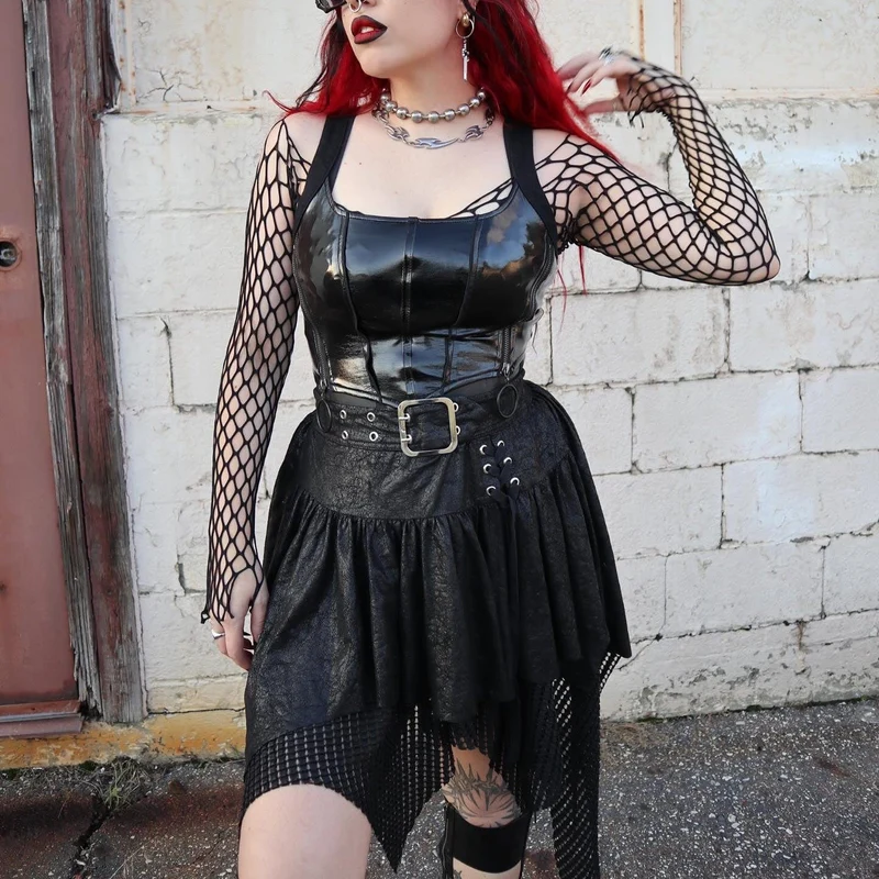 Gothic-Rock für Damen mit unregelmäßigem Mesh-Splice-Schnallenmuster, Schwarz