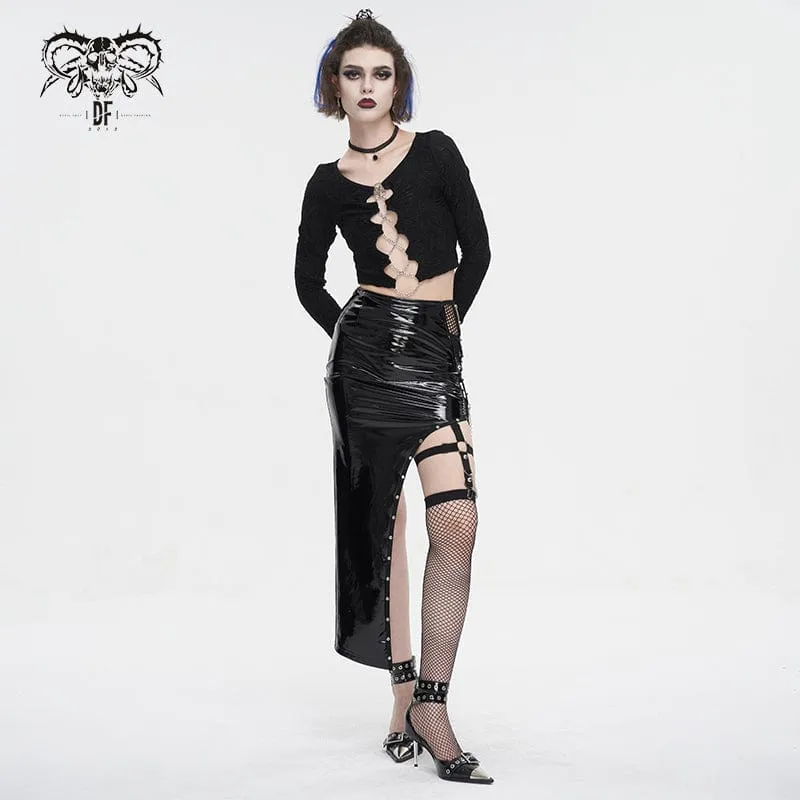 Unregelmäßiger Punk-Lacklederrock für Damen mit Netzstrumpf