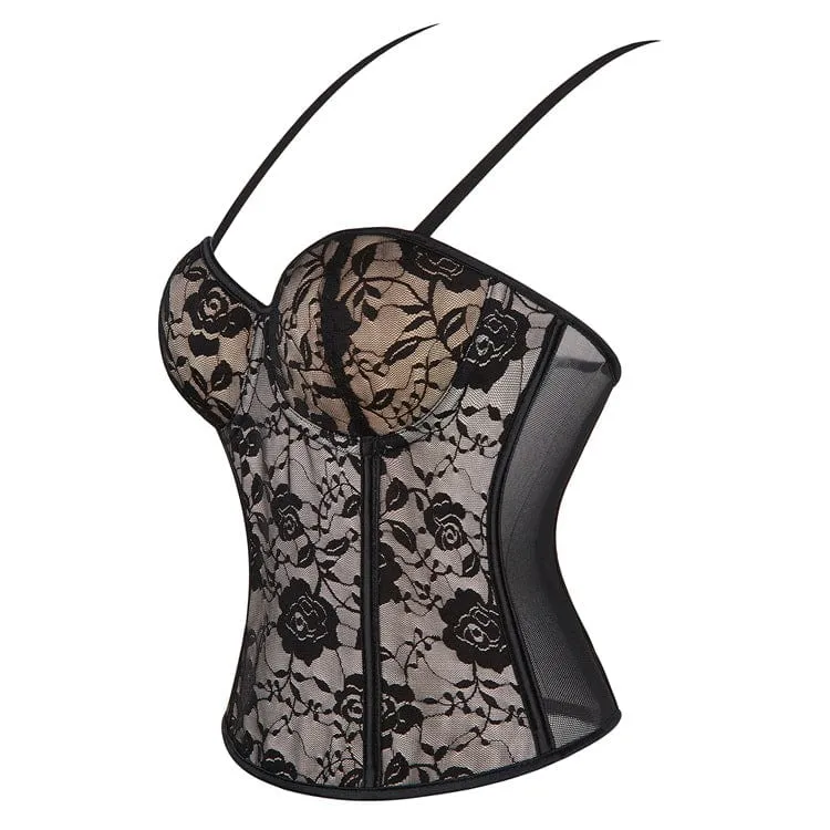 Damen-Hosenträger-Vollbrustkorsett mit Gothic-Blumendruck