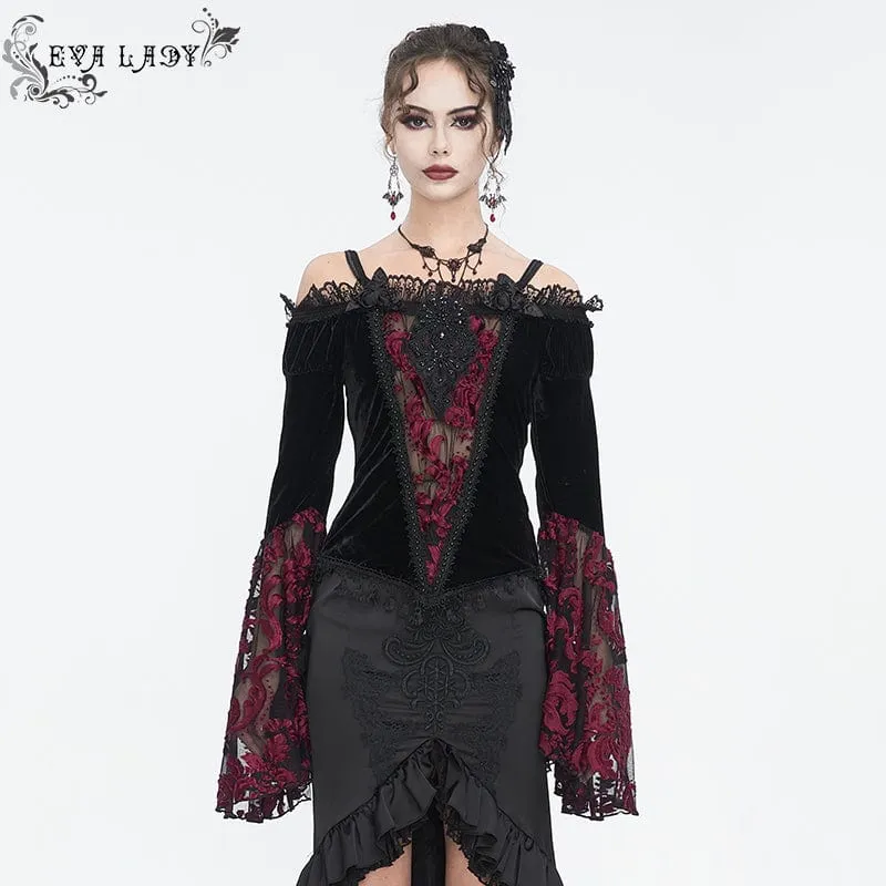 Damen Gothic Off Shoulder Lace Splice Velvet Shirt Rot