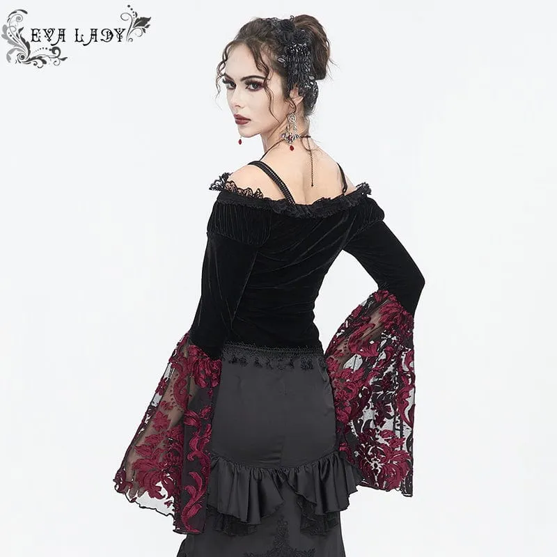 Damen Gothic Off Shoulder Lace Splice Velvet Shirt Rot