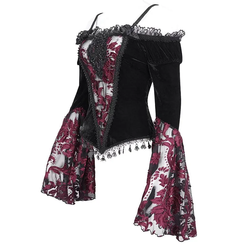 Damen Gothic Off Shoulder Lace Splice Velvet Shirt Rot