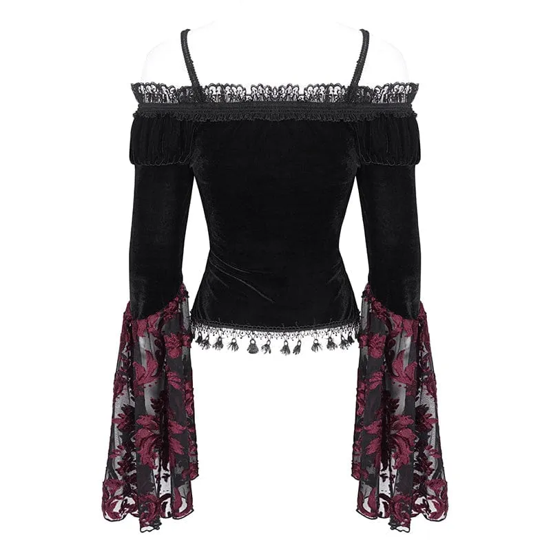 Damen Gothic Off Shoulder Lace Splice Velvet Shirt Rot