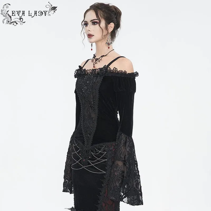 Damen Gothic Off Shoulder Lace Splice Velvet Shirt Schwarz