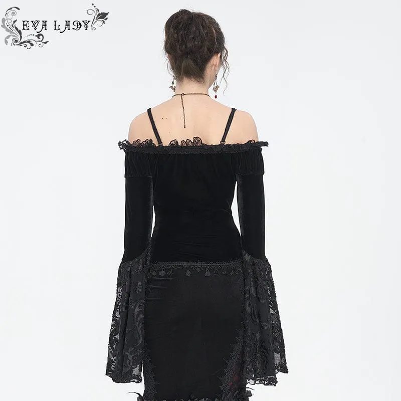 Damen Gothic Off Shoulder Lace Splice Velvet Shirt Schwarz