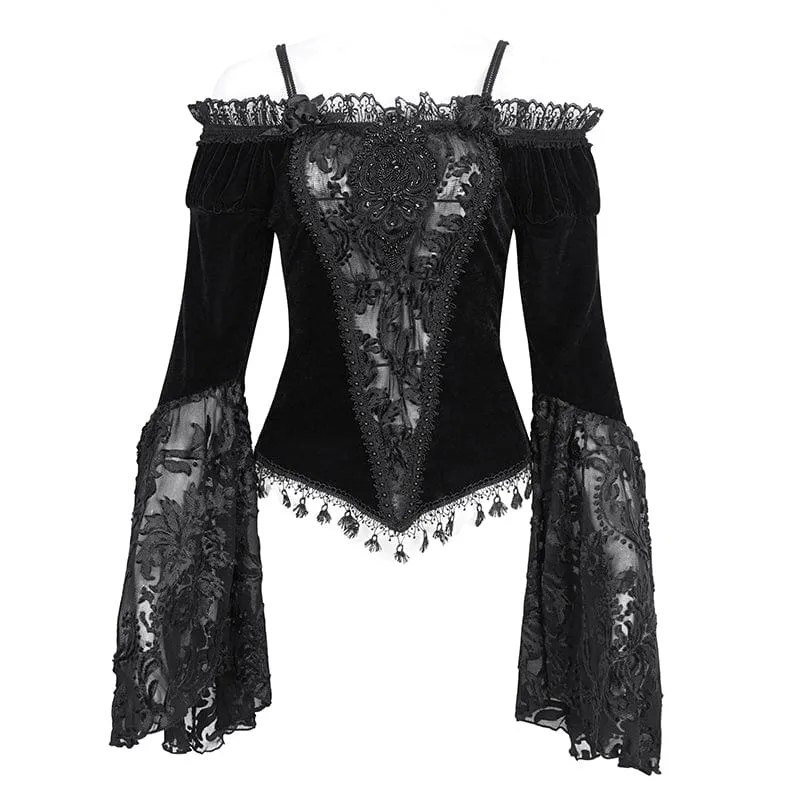 Damen Gothic Off Shoulder Lace Splice Velvet Shirt Schwarz
