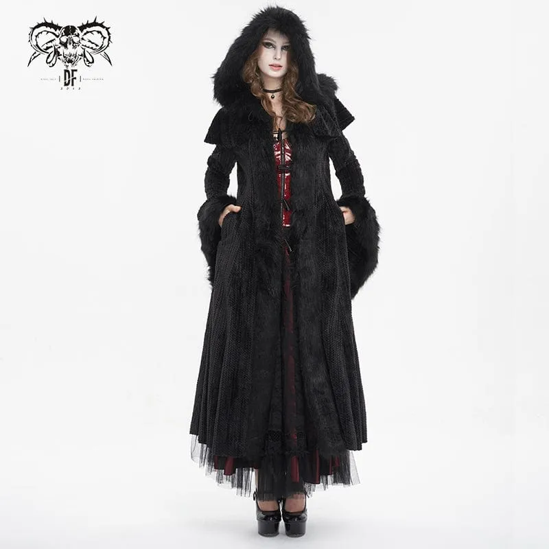 Flauschiger Gothic-Mantel für Damen mit ausgestellten Ärmeln und Kapuze