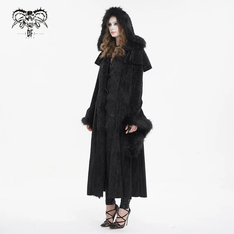 Flauschiger Gothic-Mantel für Damen mit ausgestellten Ärmeln und Kapuze