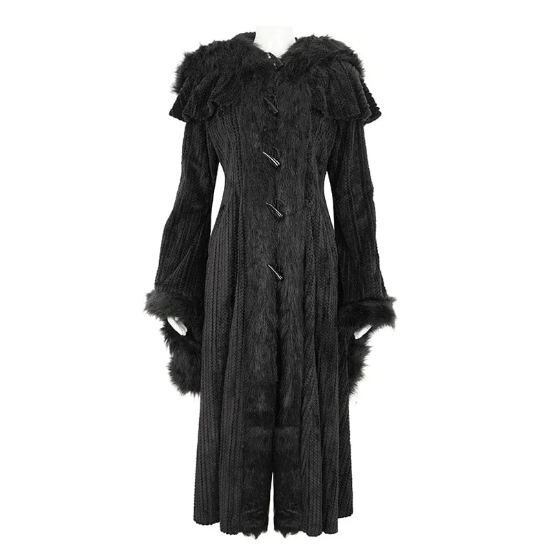 Flauschiger Gothic-Mantel für Damen mit ausgestellten Ärmeln und Kapuze