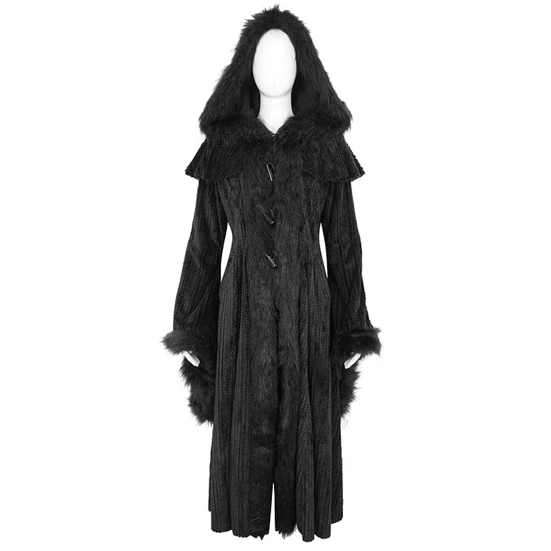 Flauschiger Gothic-Mantel für Damen mit ausgestellten Ärmeln und Kapuze