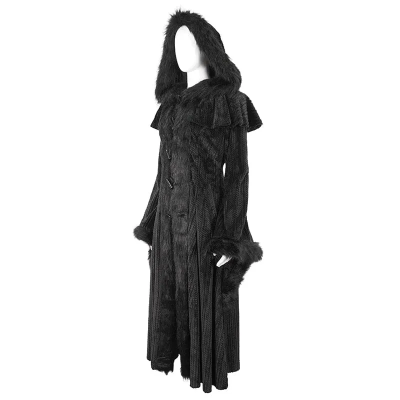 Flauschiger Gothic-Mantel für Damen mit ausgestellten Ärmeln und Kapuze