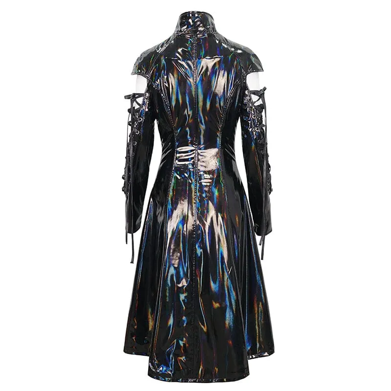 Damen-Punk-Mantel aus Lackleder mit Schnürung und Mesh-Splice-Effekt