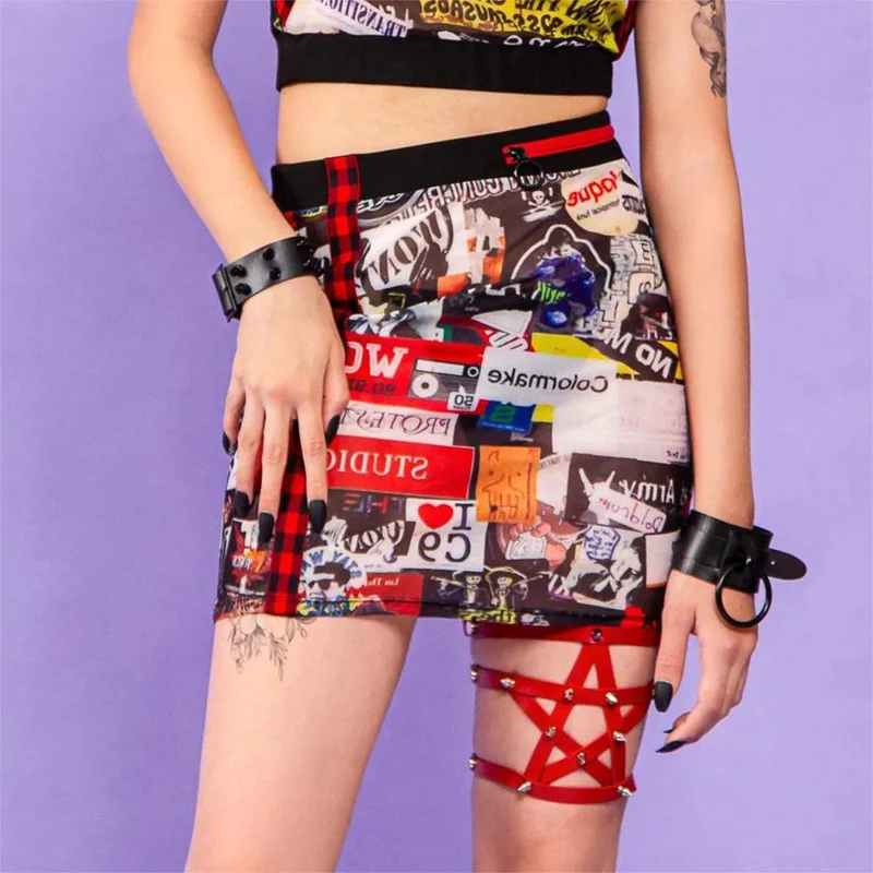Kurzer Rock mit Grunge-Graffiti-Print für Damen
