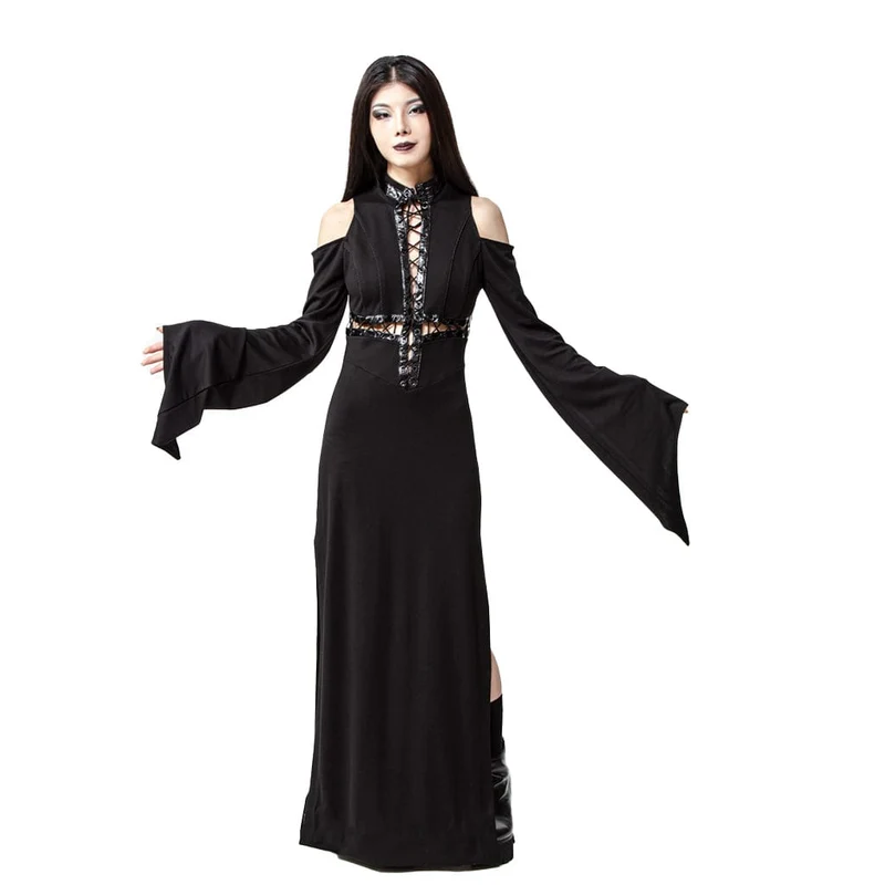 Damen-Gothic-Maxikleid mit Schnürung und Trompetenärmeln