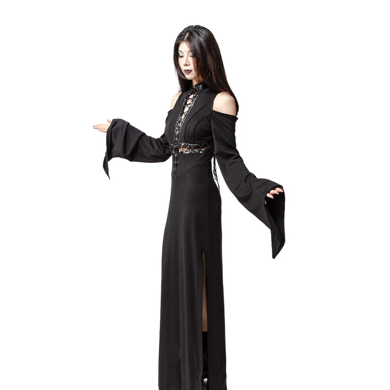 Damen-Gothic-Maxikleid mit Schnürung und Trompetenärmeln